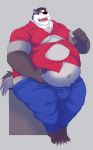  anthro badger barefoot belly belly_fondling belly_overhang big_belly black_fur bulge claws clothed clothing eyewear fur grey_fur hand_on_stomach leaning lucusold male mammal midriff moobs mustelid navel obese obese_male open_mouth overweight overweight_male simple_background solo straining_buttons teeth toe_claws tongue white_fur 