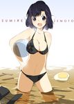  :d ball beachball bikini black_eyes black_hair breasts cleavage egg food kami_nomi_zo_shiru_sekai medium_breasts navel noodles nori_(seaweed) open_mouth ramen short_hair smile swimsuit trefle_r uemoto_sumire wading 