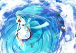  bad_id bad_pixiv_id blue_hair blue_sky cloud day from_above hat hat_removed headwear_removed highres hinanawi_tenshi long_hair nishiuri red_eyes reflection ripples sky smile solo standing standing_on_liquid sword sword_of_hisou touhou water weapon wind 