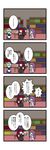  4koma book bookshelf bow braid closed_eyes comic crescent dora_ita dress grey_hair hair_bow hat hat_removed head_wings headwear_removed highres izayoi_sakuya koakuma long_hair maid maid_headdress multiple_girls patchouli_knowledge purple_hair red_hair short_hair sidelocks skirt smile sweat sweatdrop table touhou translated twin_braids wings 