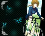  amane_suzuha bad_id bad_pixiv_id bicycle bike_shorts braid breasts brown_eyes brown_hair bug butterfly denson grin ground_vehicle highres insect jacket long_hair medium_breasts one_eye_closed smile socks solo steins;gate track_jacket twin_braids 