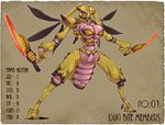  abstract_background arthropod axe big_breasts breasts claws color dokumushi dual_wield english_text female green_eyes insect melee_weapon multi_breast muscles open_mouth solo standing text weapon 
