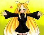  animal_ears black_dress black_legwear blonde_hair blush dress fox_ears gradient_hair han_(jackpot) heart incoming_hug long_hair multicolored_hair nine-tails-san open_mouth original sidelocks solo thighhighs very_long_hair yellow_eyes zettai_ryouiki 