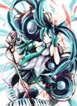  aqua_eyes aqua_hair chococuco gloves hatsune_miku highres long_hair microphone microphone_stand necktie piano_keys skirt solo speaker thighhighs twintails very_long_hair vocaloid 