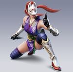  3d armor elbow_gloves fighting_stance fox_mask gloves greaves japanese_clothes kimono knee_pads kunai kunimitsu_(tekken) lips lipstick long_hair makeup mask ninja obi one_knee ponytail red_hair sarashi sash short_kimono sleeveless sleeveless_kimono solo tabi tekken tekken_tag_tournament_2 thighhighs thighs vambraces weapon 