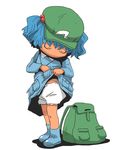  backpack bag bloomers blue_hair closed_eyes dress dress_lift hair_bobbles hair_ornament hat kawashiro_nitori looking_down onikobe_rin pocket short_hair simple_background solo standing touhou two_side_up underwear 