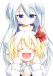  :d ^_^ blonde_hair blue_eyes blue_hair blush closed_eyes fangs hair_ribbon hug hug_from_behind kamishirasawa_keine long_hair multiple_girls open_mouth ribbon rumia short_hair smile touhou ugatsu_matsuki 