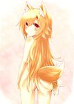  animal_ear_fluff animal_ears ass bad_id bad_pixiv_id blonde_hair fox_ears fox_tail futaba_akane heart highres long_hair looking_back naomi_(sekai_no_hate_no_kissaten) no_pussy nude original red_eyes smile solo tail 