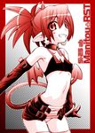  bat_wings bracelet collar covered_nipples cowboy_shot demon_girl demon_tail disgaea earrings elbow_gloves etna eyes_visible_through_hair flat_chest gloves grin jewelry microskirt midriff monochrome nakajima_rei panties pantyshot pointy_ears red short_twintails skirt smile solo tail twintails underwear wings 