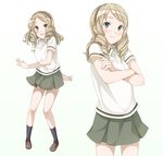  black_legwear blonde_hair blue_eyes blush character_sheet crossed_arms drill_hair hairband kneehighs kotera_(koterabyte) loafers looking_at_viewer open_mouth original school_uniform shoes simple_background skirt smile socks twin_drills twintails white_background 