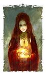  a_song_of_ice_and_fire breasts choker cleavage copyright_name dress fire game_of_thrones green_eyes highres hood j_(onose1213) lips long_hair medium_breasts melisandre red_hair smirk solo 