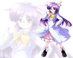  :3 adjusting_eyewear asakura_rikako blush bow dress glasses hair_ribbon hand_on_hip labcoat long_hair purple_eyes purple_hair ribbon shoes smile solo standing touhou touhou_(pc-98) tsubasa_(abchipika) wallpaper zoom_layer 