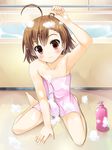  :3 adjusting_hair ahoge arm_support arm_up armpits bangs bare_shoulders barefoot bathing bathroom bathtub blush bottle brown_eyes brown_hair flat_chest full_body happy indoors last_order leaning_forward light_smile looking_at_viewer multicolored multicolored_eyes naked_towel odayan on_floor orange_eyes reflection short_hair sitting smile soap_bottle soap_bubbles solo spread_legs to_aru_majutsu_no_index towel wariza water 