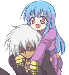  1girl blue_hair carrying dark_skin fang gloves k' kula_diamond long_hair mi-sya open_mouth piggyback red_eyes simple_background smile sunglasses the_king_of_fighters white_background white_hair 