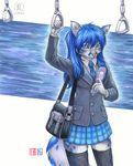  blue_hair feline female green_eyes hair hybrid kacey kacey_(character) leopard mammal plaid schoolgirl serval skirt snow_leopard snow_serval solo uniform 