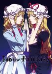  blonde_hair brown_eyes dress egawa_satsuki hat hat_ribbon headphones holding_hands long_hair maribel_hearn multiple_girls ribbon short_hair symmetrical_hand_pose touhou yakumo_yukari 