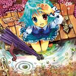  bare_legs barefoot blue_eyes blue_hair bottle flower from_above heterochromia highres karakasa_obake looking_at_viewer okemai purple_umbrella red_eyes short_hair sitting solo tatara_kogasa teruterubouzu touhou umbrella water 