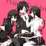  2girls bad_id bad_pixiv_id birthday braid brown_hair cake ciel_arc durarara!! food glasses heart hood hoodie knife multiple_girls orihara_izaya orihara_kururi orihara_mairu red_eyes siblings thighhighs 