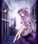  barefoot bird black_cat bookshelf cat chagu crescent dress hat long_hair low-tied_long_hair patchouli_knowledge pillarboxed purple_eyes purple_hair sitting solo stairs statue touhou 