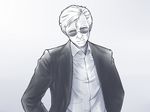  bangs closed_mouth collared_shirt csi csi_miami doku_hebi formal grey_background greyscale head_tilt horatio_caine jacket long_sleeves male_focus monochrome open_clothes open_jacket shirt simple_background smile solo suit sunglasses swept_bangs upper_body wing_collar 