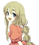  :d blonde_hair blue_eyes braid dress eyebrows k-on! kotobuki_tsumugi long_hair looking_back moeko open_mouth round_teeth simple_background smile solo teeth thick_eyebrows white_background 