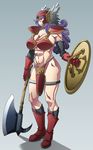  armor axe bikini_armor blue_eyes breasts cleavage dragon_quest dragon_quest_iii gloves helmet kunifuto large_breasts long_hair muscle muscular_female navel purple_hair red_armor soldier_(dq3) solo thigh_strap weapon 