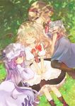  alice_margatroid apron black_legwear blonde_hair blue_eyes boots braid capelet closed_eyes dress hairband hat kirisame_marisa long_hair lying multiple_girls pantyhose patchouli_knowledge purple_eyes purple_hair ribbon sen1986 short_hair single_braid smile touhou v_arms waist_apron 