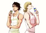  bad_id bad_pixiv_id barnaby_brooks_jr black_hair blonde_hair brown_eyes completezero drinking facial_hair juice_box kaburagi_t_kotetsu multiple_boys parody product_placement stubble tank_top tiger_&amp;_bunny 