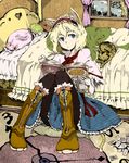  alice_in_wonderland alice_margatroid animal_ears bed black_legwear blonde_hair blue_eyes book boots bridal_gauntlets card cat cat_ears cheshire_cat hairband highres ido_(fobiddensins) kemonomimi_mode pantyhose pillow playing_card sitting solo touhou white_rabbit 