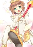  :d antenna_hair aqua_eyes bad_id bad_pixiv_id blush brown_hair cardcaptor_sakura elbow_gloves feathers fuuin_no_tsue gloves haruyuki_(yukichasoba) highres holding kinomoto_sakura looking_at_viewer magical_girl open_mouth shoes short_twintails simple_background smile solo thighhighs twintails two_side_up wand white_gloves white_legwear 