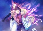  2boys bad_id bad_pixiv_id belt blonde_hair blue_eyes brown_hair closed_eyes coat collet_brunel gloves headband lloyd_irving long_hair maruishi multiple_boys pants pantyhose pink_wings red_hair red_shirt shirt shoes smile suspenders tales_of_(series) tales_of_symphonia wings zelos_wilder 