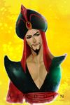  aladdin_(disney) black_eyes black_hair copyright_name facial_hair goatee hat_feather j_(onose1213) jafar male_focus mustache realistic red_eyes solo turban 