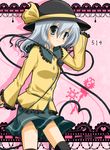  bad_id bad_pixiv_id black_frills black_hat blush breasts closed_mouth dated frilled_shirt_collar frilled_sleeves frills grey_eyes hand_up hat heart heart_of_string komeiji_koishi lace lace-trimmed_skirt lace_border long_sleeves looking_at_viewer miniskirt outside_border pink_background remoyona silver_hair simple_background skirt slim_legs small_breasts smile solo standing touhou wavy_hair wide_sleeves 