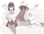  !? 2girls akemi_homura blush book bow couch cushion fang glasses hairband long_hair mahou_shoujo_madoka_magica monochrome multiple_girls pantyhose sakura_kyouko school_uniform shorts skirt translated uruo 