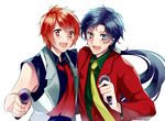  :d bad_id bad_pixiv_id bishoujo_senshi_sailor_moon black_hair blue_eyes blush crossover formal happy ittoki_otoya jacket kurabayashi long_hair male_focus microphone multiple_boys necktie open_mouth orange_eyes orange_hair ponytail seiya_kou sleeveless smile uta_no_prince-sama white_background 