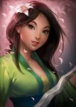  asian banned_artist black_hair blade breasts cleavage fa_mulan_(disney) flower grey_eyes hair_flower hair_ornament highres lips long_hair looking_at_viewer medium_breasts mulan petals sakimichan smile solo 