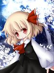  ascot bad_id bad_pixiv_id blonde_hair blush bow cocozasa hair_bow hair_ribbon open_mouth red_eyes ribbon rumia shirt short_hair skirt skirt_set solo touhou 