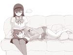  2girls akemi_homura book bow couch cushion fang glasses hairband lap_pillow long_hair mahou_shoujo_madoka_magica monochrome multiple_girls navel pantyhose sakura_kyouko saliva school_uniform shorts skirt sleeping uruo 