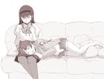  akemi_homura bow couch cushion denim denim_shorts hairband jewelry lap_pillow long_hair mahou_shoujo_madoka_magica monochrome multiple_girls navel panties pantyhose ring sakura_kyouko saliva school_uniform shorts skirt sleeping underwear uruo 