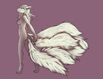  barefoot breasts canine celestina female fluffy_tail fox fur mammal multiple_tails nude plain_background purple_background ronnell side_boob solo taasla white_fur 