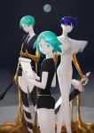  3others absurdres androgynous aqua_eyes aqua_hair bangs blue_eyes blue_hair blunt_bangs clipboard colored_eyelashes crystal_hair earth gem_uniform_(houseki_no_kuni) gold golden_arms green_eyes green_hair heterochromia highres houseki_no_kuni looking_at_viewer looking_back multiple_others multiple_persona mydeerwitch necktie phosphophyllite phosphophyllite_(ll) see-through_sleeves short_hair sky smile spoilers star_(sky) starry_sky sword weapon white_eyes white_skin 