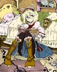  alice_in_wonderland alice_margatroid animal_ears bed bespectacled black_legwear blonde_hair blue_eyes book boots bridal_gauntlets card cat cat_ears cheshire_cat glasses hairband highres ido_(fobiddensins) kemonomimi_mode pantyhose pillow playing_card sitting solo touhou white_rabbit 