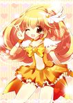  ;d bike_shorts blonde_hair bow bowtie brooch brown_eyes choker cure_peace earrings hair_flaps heart heart_background jewelry kise_yayoi koron_(macarongirl27) long_hair magical_girl one_eye_closed open_mouth orange_choker orange_neckwear orange_shorts precure shorts shorts_under_skirt skirt smile smile_precure! solo v wrist_cuffs yellow yellow_background yellow_bow yellow_skirt 