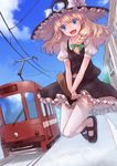  blonde_hair bow braid broom broom_riding flying goggles goggles_on_headwear hair_bow hair_ribbon hat hat_bow junwool kirisame_marisa mary_janes open_mouth overhead_line pantograph ribbon shirt shoes skirt skirt_set smile solo streetcar thighhighs touhou vest white_legwear witch_hat zettai_ryouiki 