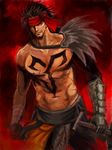  arisue_kanako black_hair chest_tattoo final_fantasy final_fantasy_x gauntlets gloves headband jecht male_focus red_background red_eyes shirtless single_bare_arm smile solo sword tattoo weapon 