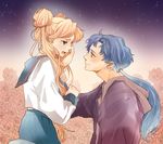  1girl arm_grab bad_id bad_pixiv_id bishoujo_senshi_sailor_moon blonde_hair blue_hair blue_sailor_collar casual chamyymahc double_bun eye_contact flower hand_on_another's_cheek hand_on_another's_face juuban_high_school_uniform long_hair looking_at_another pleated_skirt ponytail rose sad sailor_collar school_uniform seiya_kou serafuku skirt sky star_(sky) starry_sky tears tsukino_usagi 