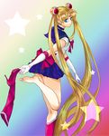  aqua_eyes back_bow bad_id bad_pixiv_id barefoot bishoujo_senshi_sailor_moon blue_eyes blue_sailor_collar blue_skirt boots bow double_bun high_heels knee_boots long_hair looking_back rainbow_background red_bow sailor_collar sailor_moon sailor_senshi_uniform shoes single_shoe skirt solo standing standing_on_one_leg star tiara tsukino_usagi twintails undressing very_long_hair yu-ka 