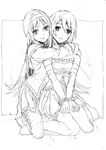  akemi_homura cuffs greyscale handcuffs highres hug hug_from_behind light_smile long_hair looking_at_viewer magical_girl mahou_shoujo_madoka_magica miki_sayaka monochrome multiple_girls nobita short_hair sitting sketch traditional_media wariza 