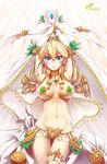  arms_up blonde_hair blue_eyes breasts bridal_gauntlets crystal dancer glycyrrhizae groin highres large_breasts long_hair looking_at_viewer low-tied_long_hair navel original parted_lips pasties shawl smile solo thigh_gap twintails 