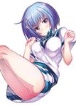  ass blue_hair blush body_blush flower hair_flower hair_ornament looking_at_viewer maji_de_watashi_ni_koi_shinasai! purple_eyes school_uniform shiina_miyako shiny shiny_skin short_hair simple_background skirt solo tamon_ketsuyuki white_background 